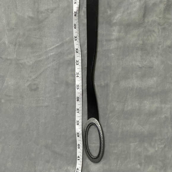Chicos Black Genuine Leather Belt Oval Silver Tone Chain Detail Buckle M/L - Picture 3 of 8